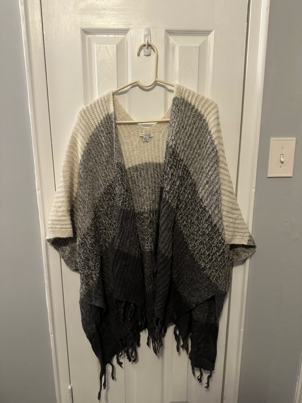 American Eagle Outfitters Gray and Cream Gradient Fringe Poncho